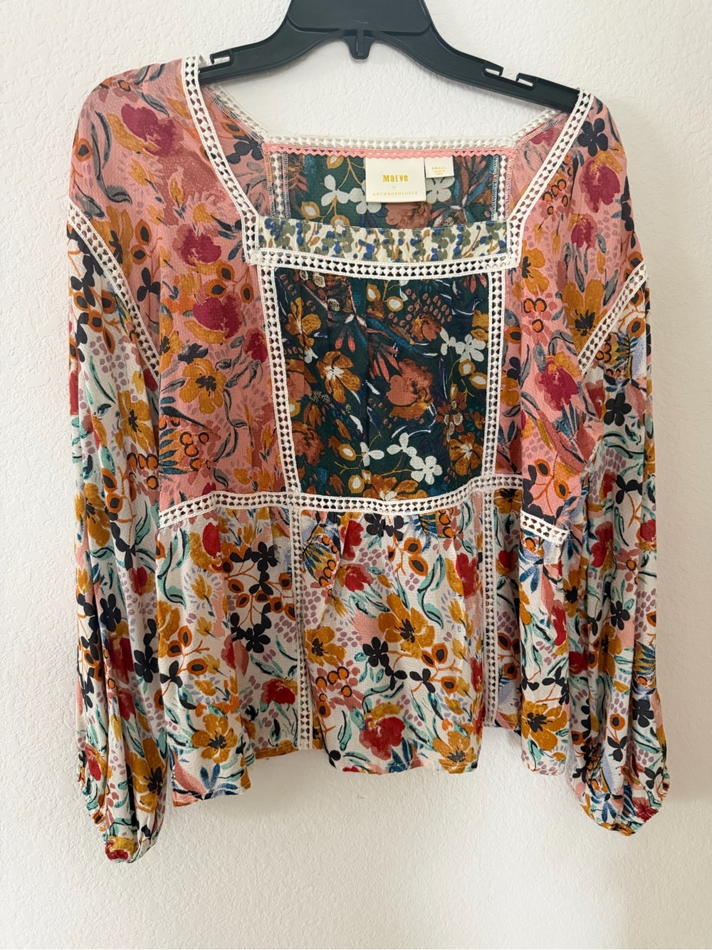 Maeve Floral Patchwork Peasant Blouse - Pink, Green, Mustard